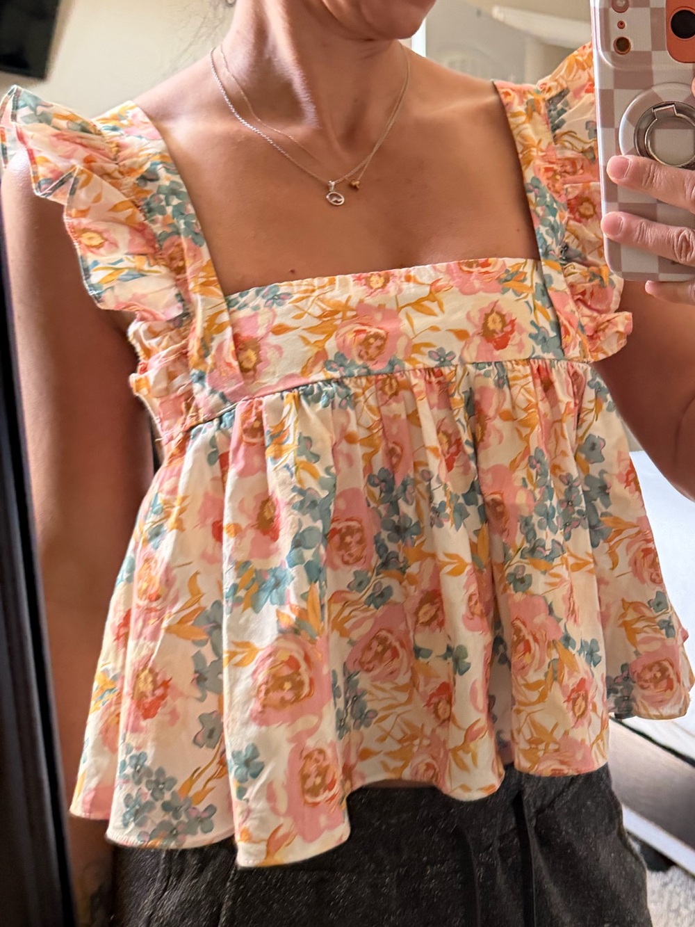 Meet me at Santorini Floral Ruffle Square-Neck Women's Top - Peach Multib